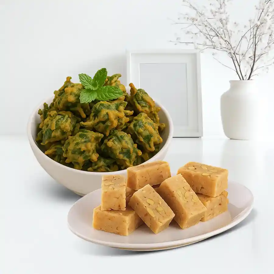 Mysore Pak and Pudina Pakora gift combo featuring sweet and savory South Indian treats.