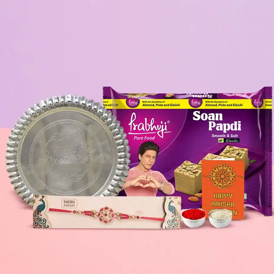 Soan Papri from Haldiram with Silver Plated Thali and free Rakhi Roli Tilak and Chawal