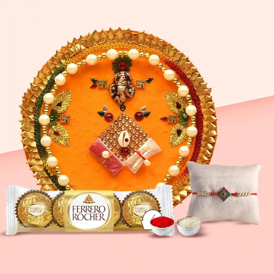 Relishing Ferreo Rocher Chocolates and a special Pooja Thali with a Free Rakhi Roli Tilak and Chawal