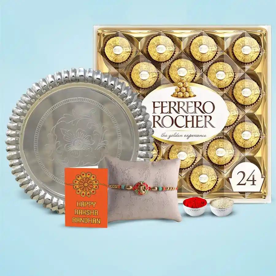 Special Silver Plated Thali with Ferrero Rocher Chocolates and Rakhi