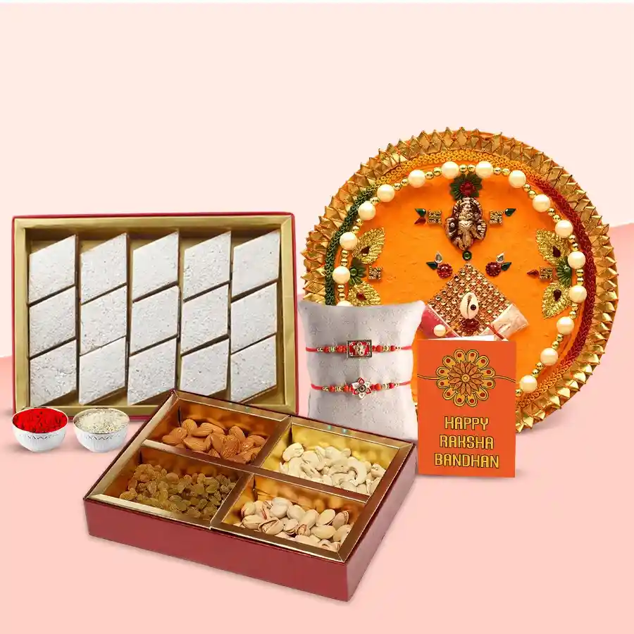 Exclusive Pooja thali with Kaju Katli Dry Fruits and 2 free Rakhi Roli Tika and Chawal