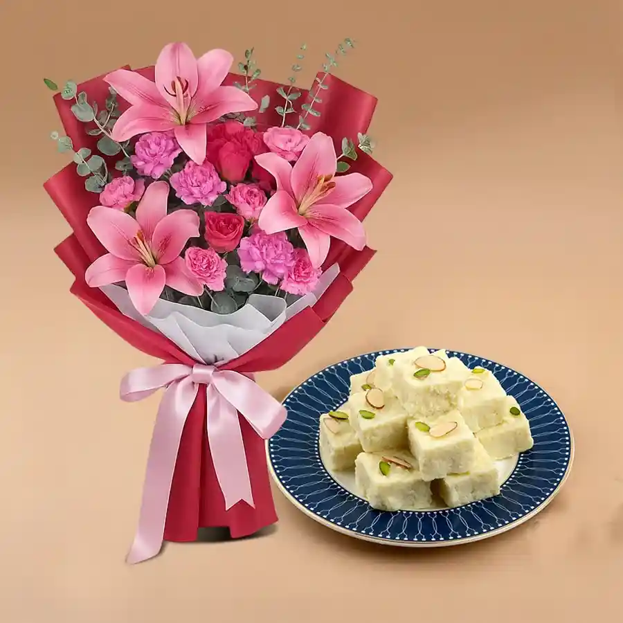 Beautiful mixed flower arrangement with Kalakand dessert treat.