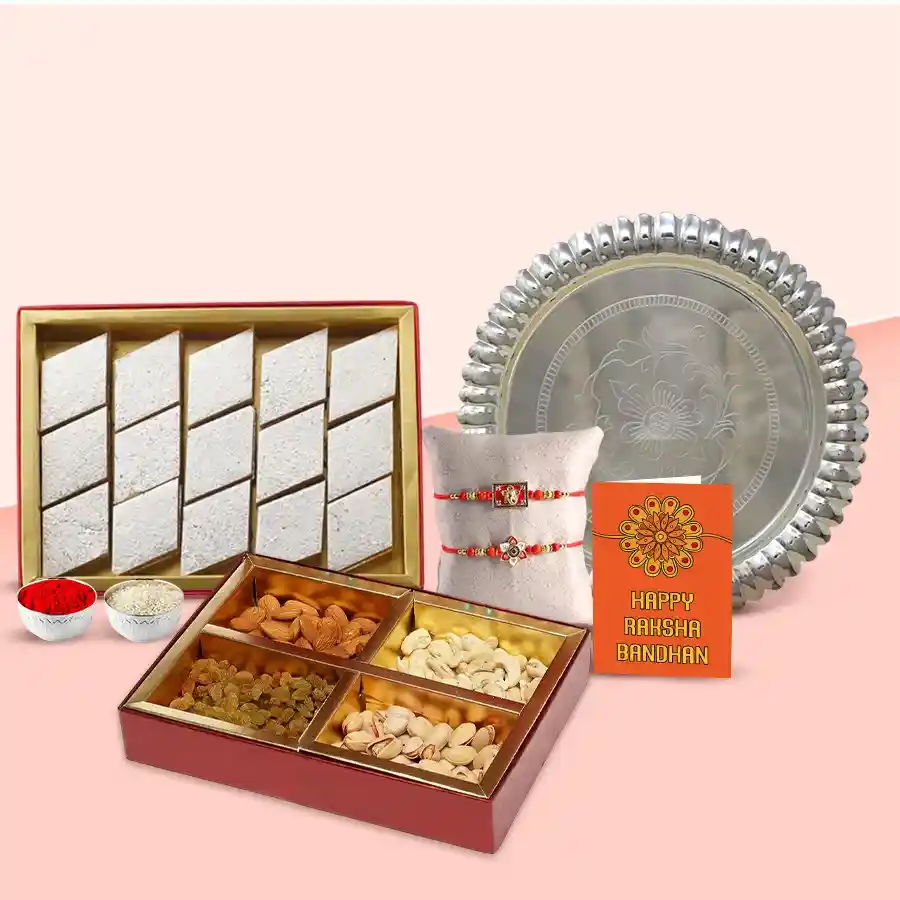 Smart Looking Rakhi Dry Fruits Silver plated Thali and Kaju Katli for Sweet Memories