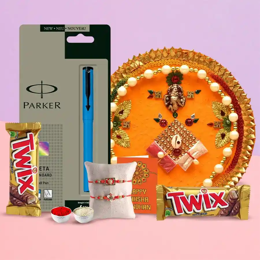 Unique 7 8 Inch Pooja Thali with Parker Pen and 2 Chocos from Twix