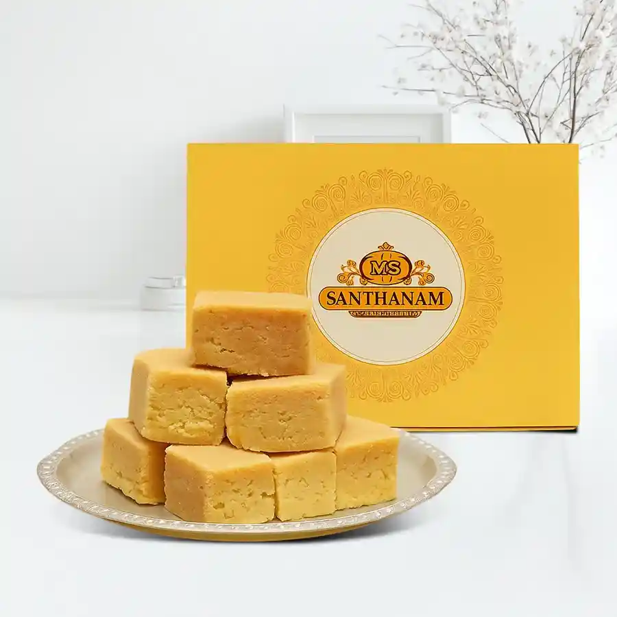 500g of traditional Mysore Pak, a rich South Indian sweet made from gram flour, ghee, and sugar.
