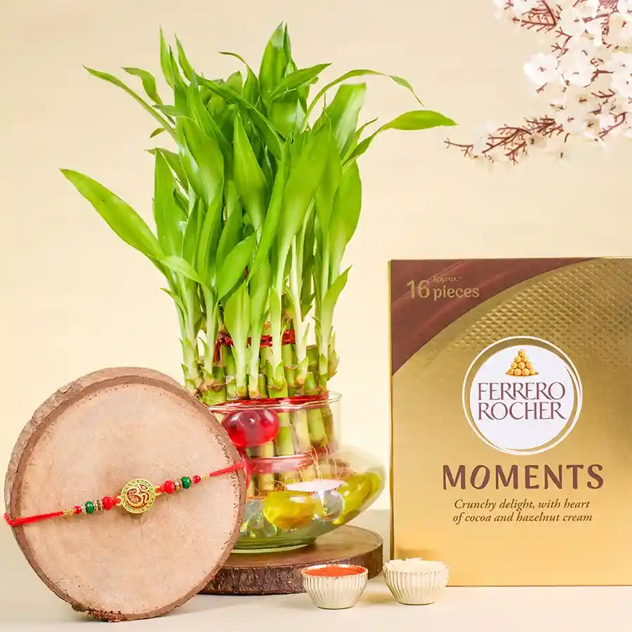 Serene OM Rakhi with Treats N Lucky Bamboo Trio