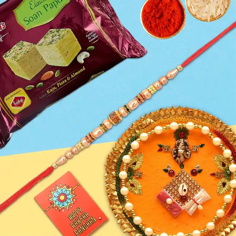 Soan Papri from Haldiram and Rakhi Thali along Rakhi Roli Tilak and Chawal