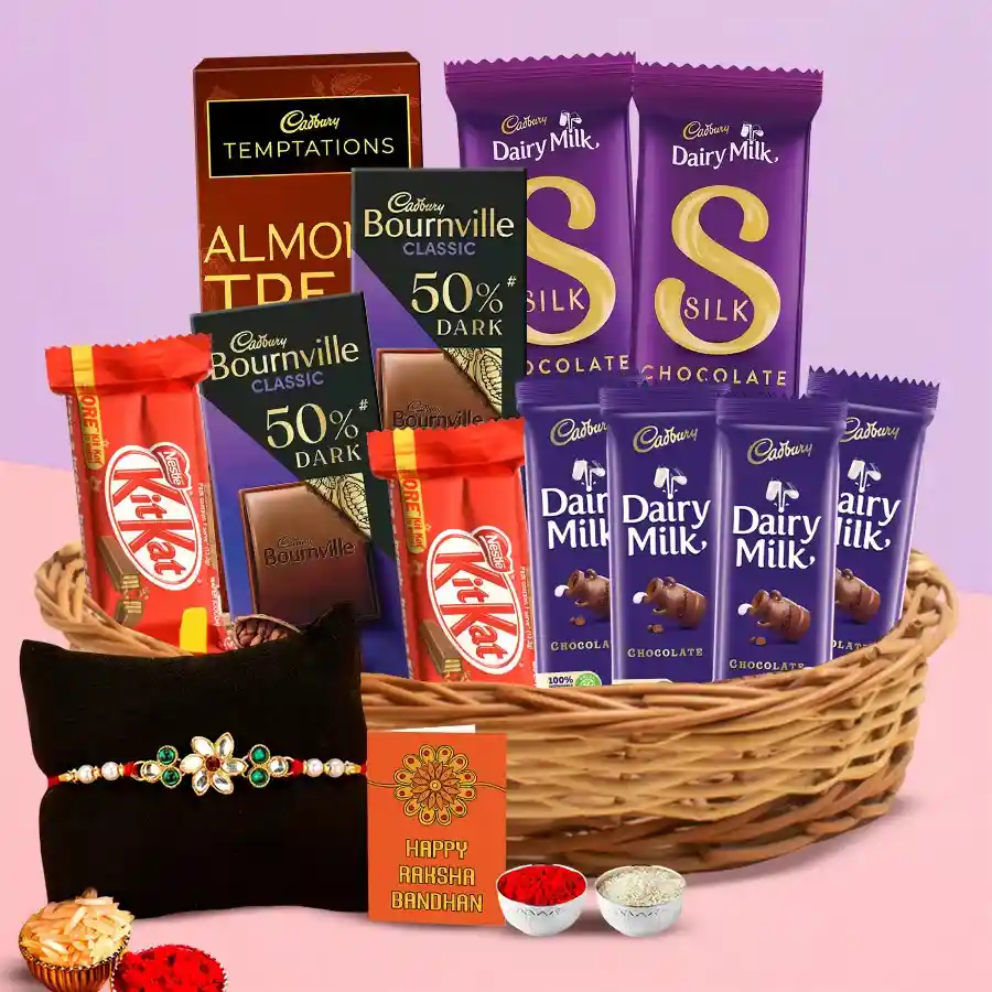 Basket of Assorted Chocolates with Twin Designer Rakhi