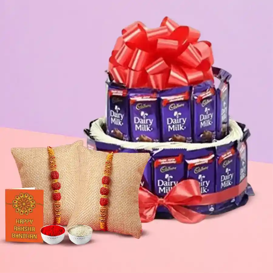 Two Tier Cadbury Arrangement with Twin Rudraksh Rakhi