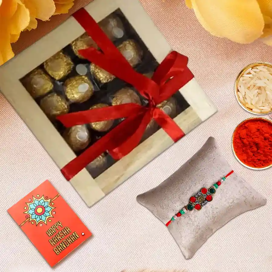 Enticing Ferrero Rocher in Wooden Box with Rakhi