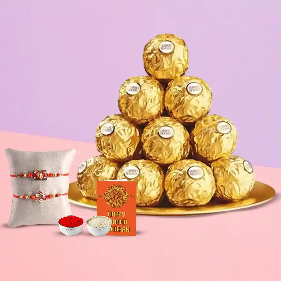 Two Rakhi with Ferrero Rocher N Gold Plated Pooja Thali