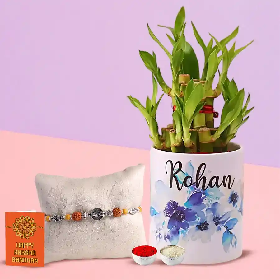 Personalized Coffee Mug with Lucky Bamboo Plant n Fancy Rakhi