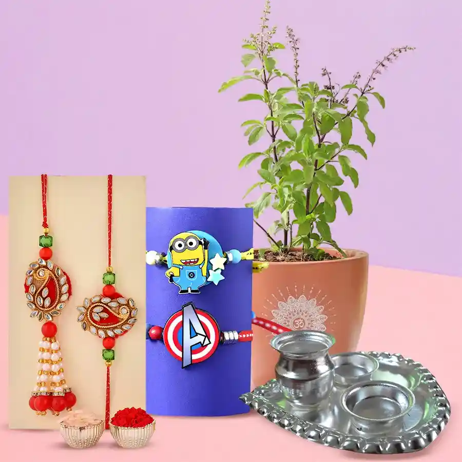 Holy Tulsi Plant Silver Plated Pooja Thali n Family Rakhi Set