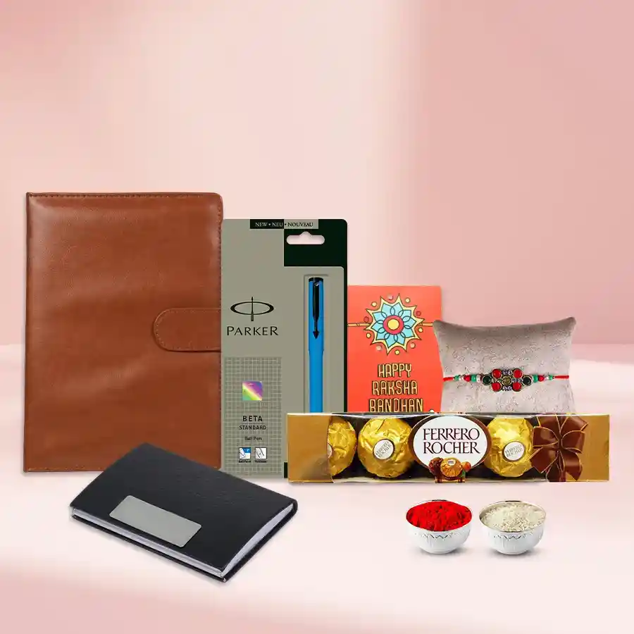 Rakhi with Parker Pen Dairy Card Holder n Ferrero Rocher
