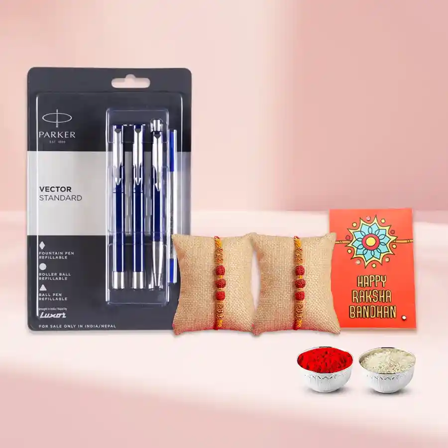 Parker Triple Pen Set with Rudraksha Rakhi Pair