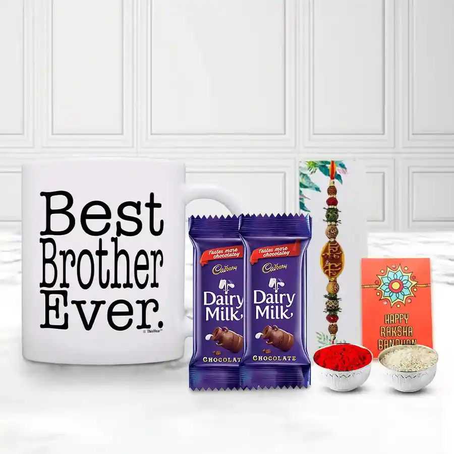 Best Brother Ever Coffee Mug with Twin Cadbury and Mere Bhai Rakhi