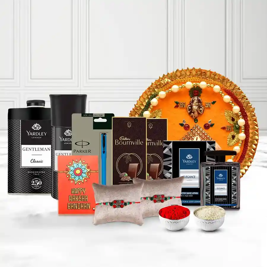 Grooming Accessories Gift Set with Pooja Thali Rakhi Chocolates N Parker Pen