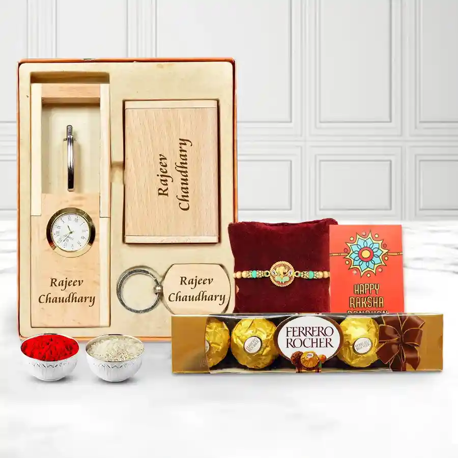 Ganesh Rakhi with Chocolates N Personalized Stationery Set