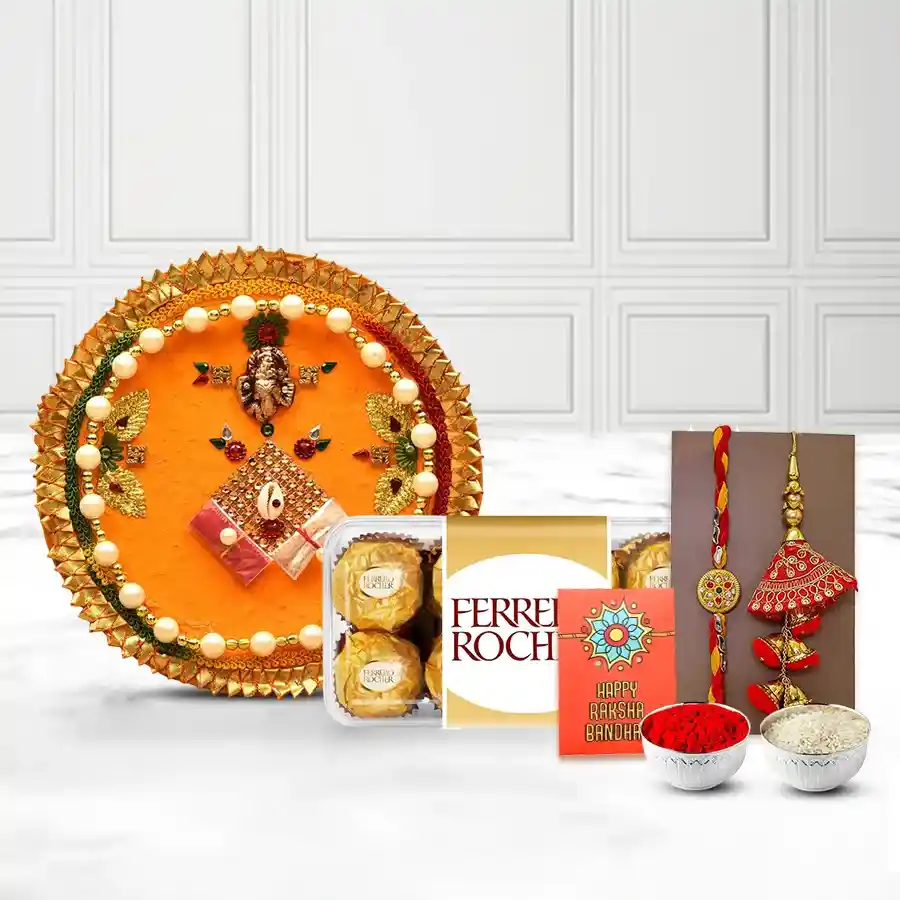 Thali with Chocolate N Fancy Bhaiya Bhabhi Rakhi Set