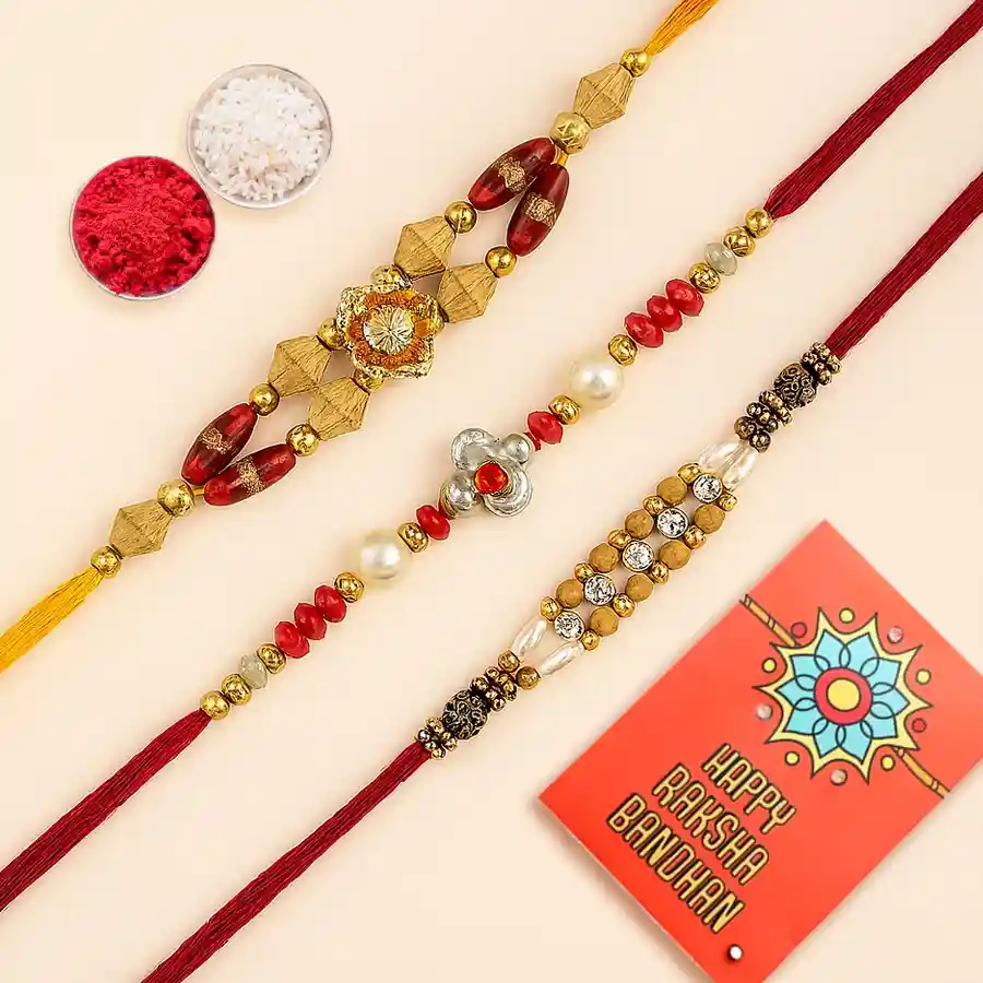 Beautiful Rakhi Sets (3 Pcs) with free Roli Tilak and Chawal