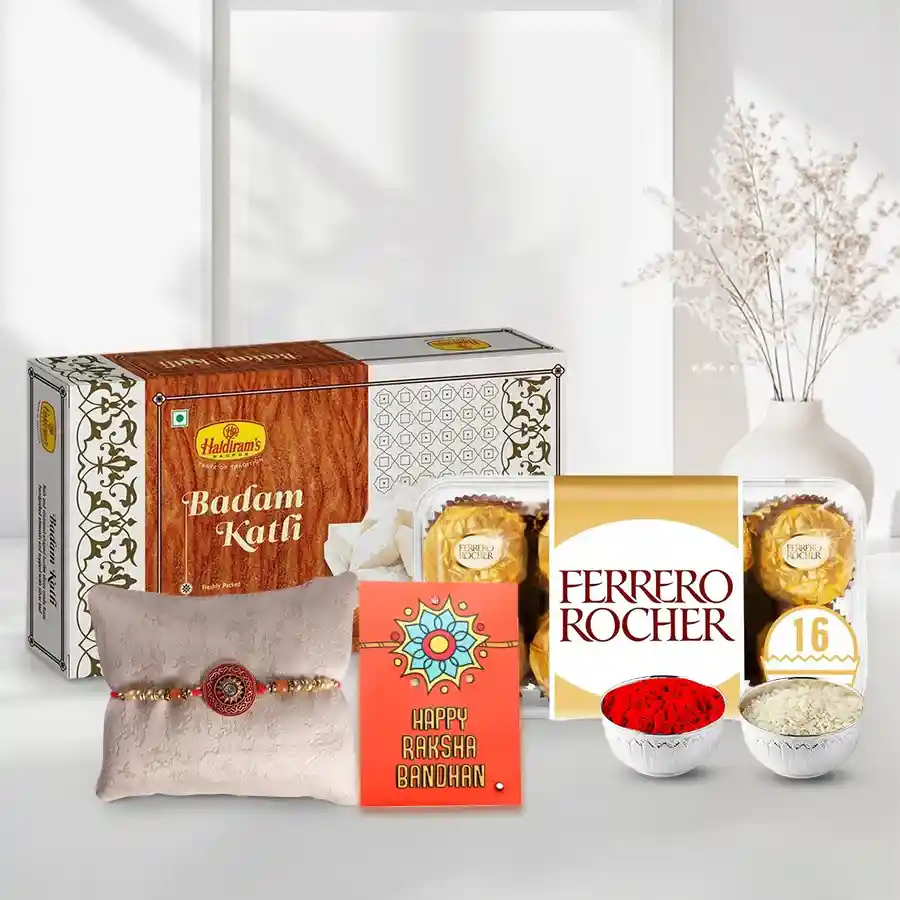 Delightful pack with Badam Katli from Haldiram,Ferrero Rocher with a free Rakhi Roli Tilak and Chawal