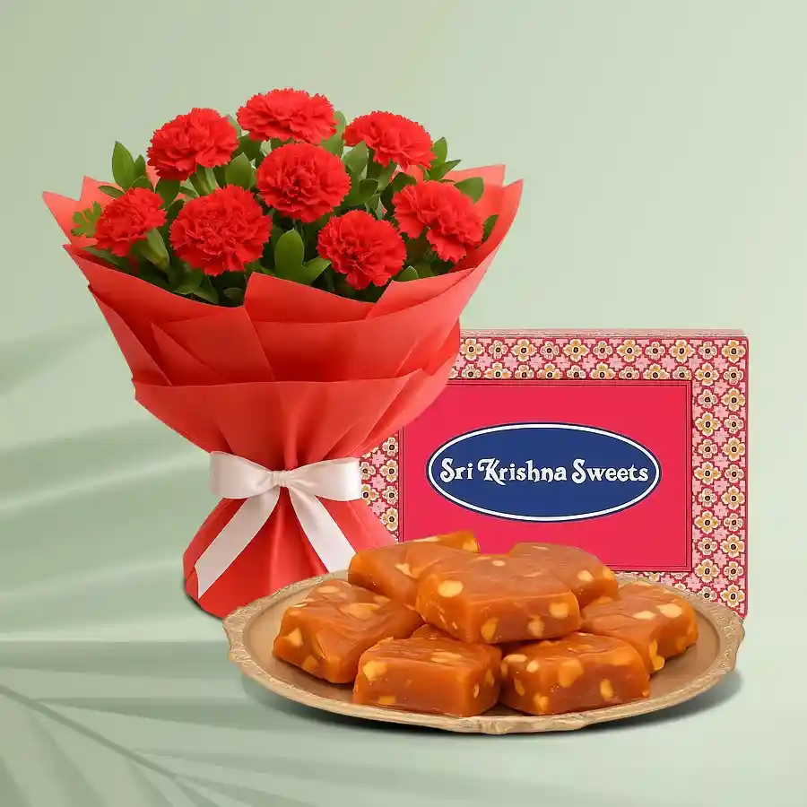 Gift combo featuring a bouquet of 10 red carnations and 250 grams of Bombay halwa.