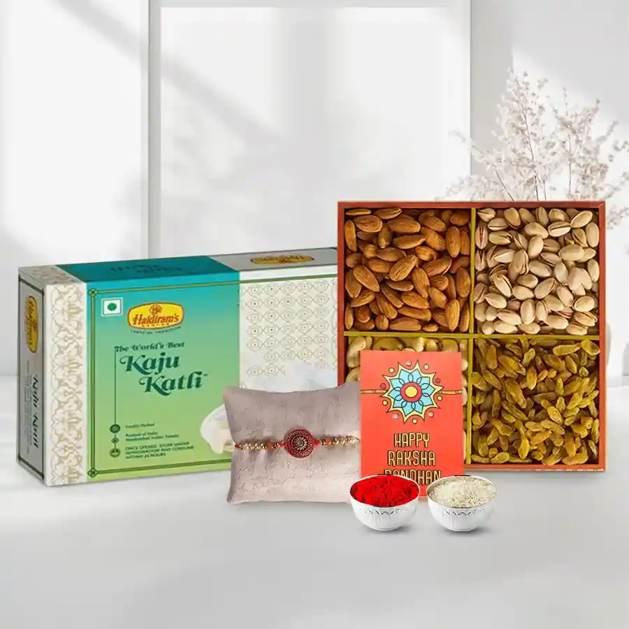 Lovely Haldiram sweets,Dry fruits with free Rakhi Roli tilak and Chawal