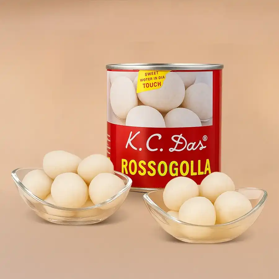 A can of spongy Rosogolla soaked in sugar syrup, symbolizing love and celebration in Indian culture.