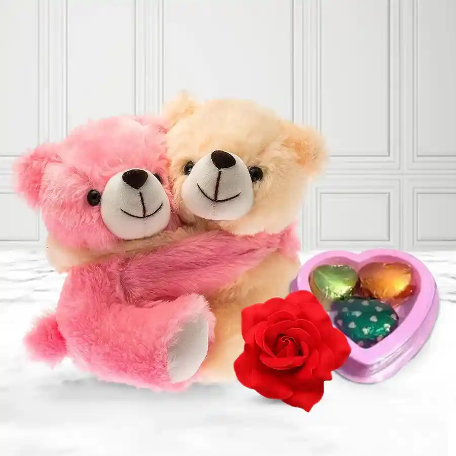 Cute Hugging Couple Teddy with 1 Velvet Rose and 3 pcs Heart Homemade Chocolate