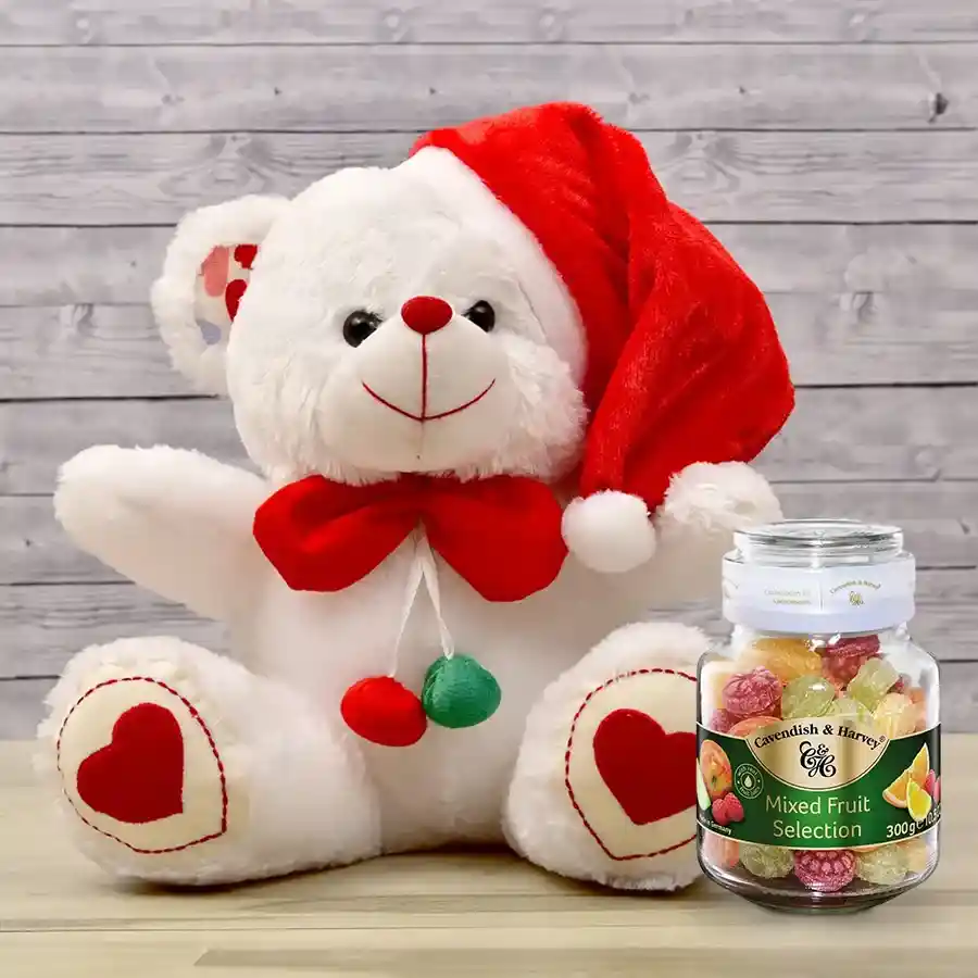 Special Teddy with Santa Cap n Cavendish N Harvey Mixed Fruit Selection