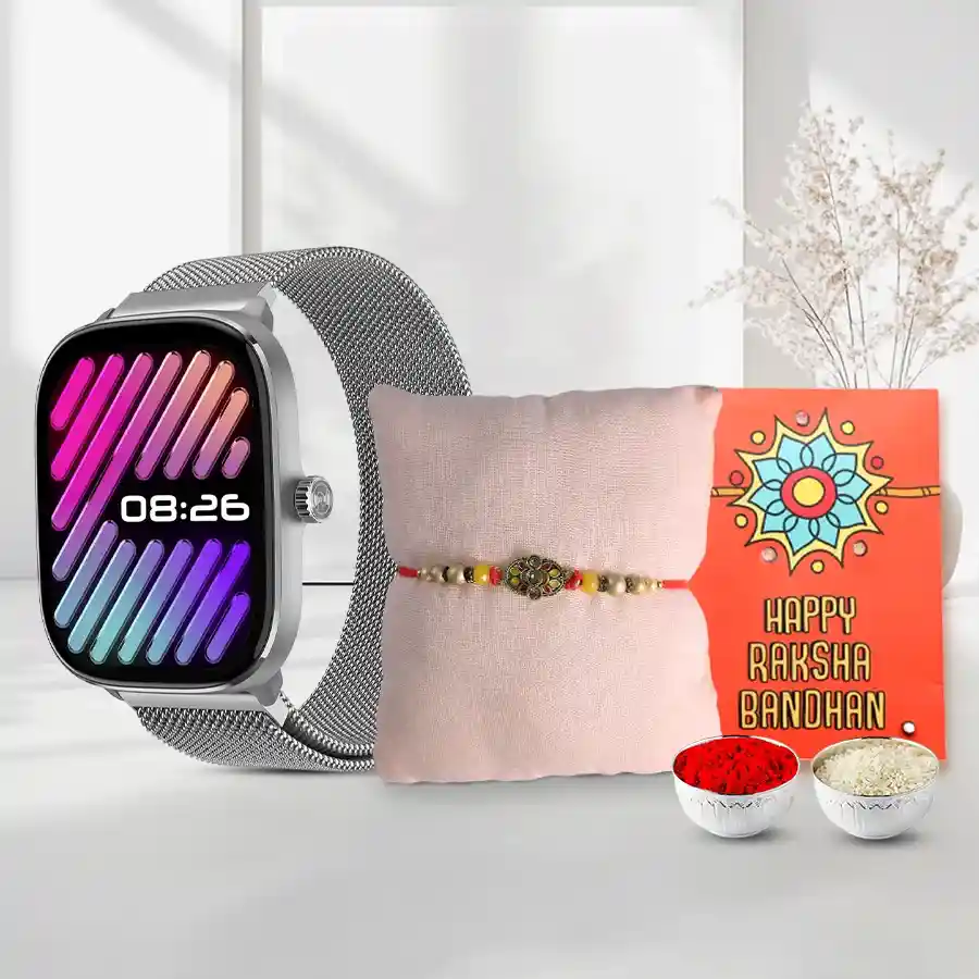 Elegant Kundan Rakhi N Noise New Macro Smartwatch Duo
