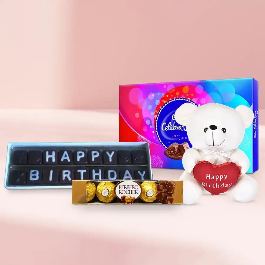 Awesome Happy B Day Gift Hamper with chocolates, teddy bear, and a festive presentation