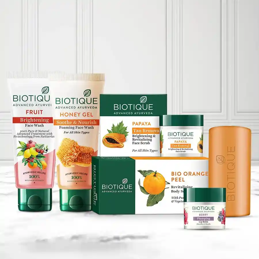 Biotique Women's Gift Hamper featuring skincare essentials including face wash, body soap, scrub, and lip balm. Perfect for pampering loved ones.