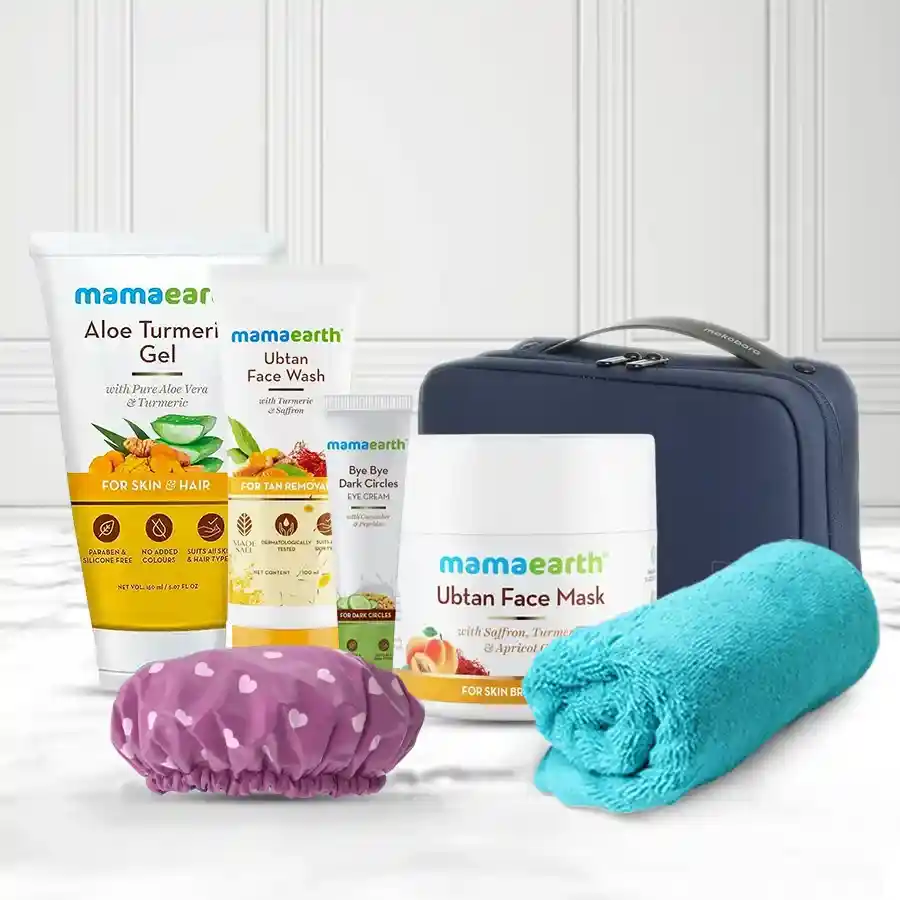 Mama Earth's Face Care Gift Set featuring Ubtan products and accessories for skincare pampering.
