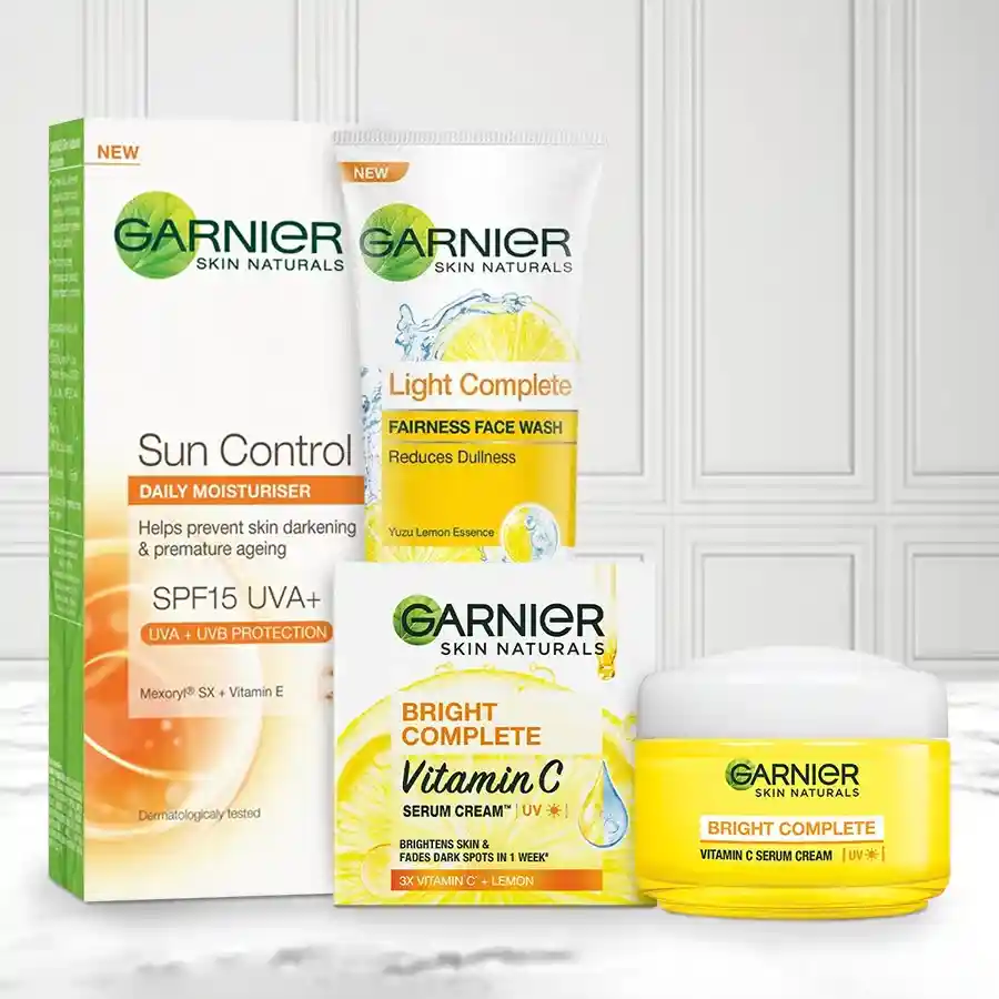 Garnier Face Wash Gift Set featuring moisturiser, serum cream, and face wash. Perfect for pampering loved ones with skincare essentials.