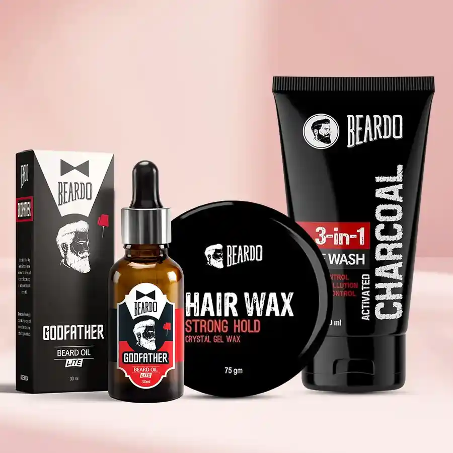 Wonderful Beardo Men Grooming Essentials Hamper containing beard oil, face wash, and hair wax.