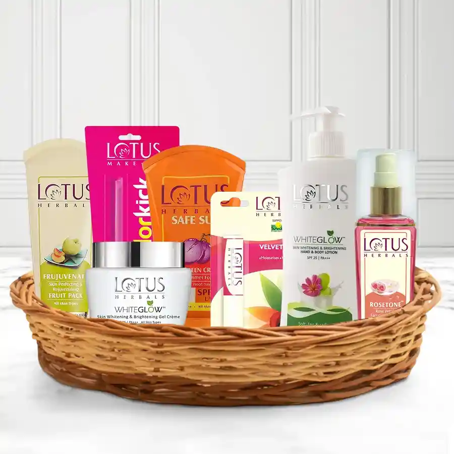 Luxurious Lotus Goodies Gift Basket featuring skincare and beauty products from Lotus Herbals, elegantly arranged in a cane basket.
