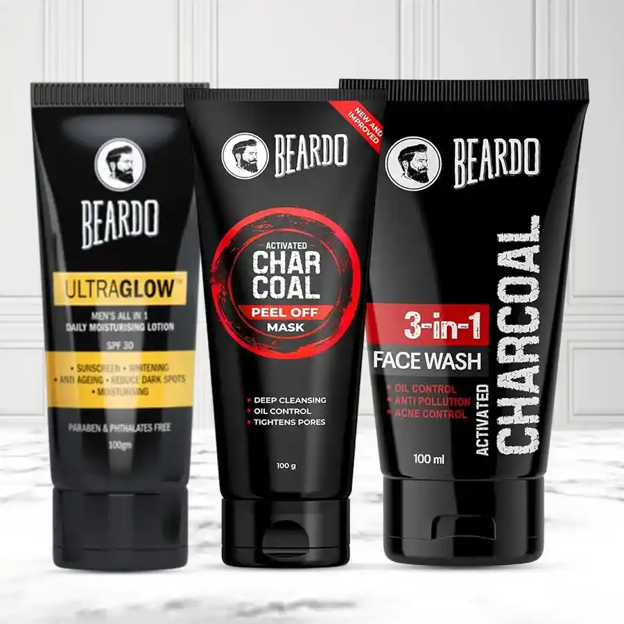 Radiant Beardo Face Care Trio featuring face lotion, peel off mask, and acne control face wash, designed for glowing skin.
