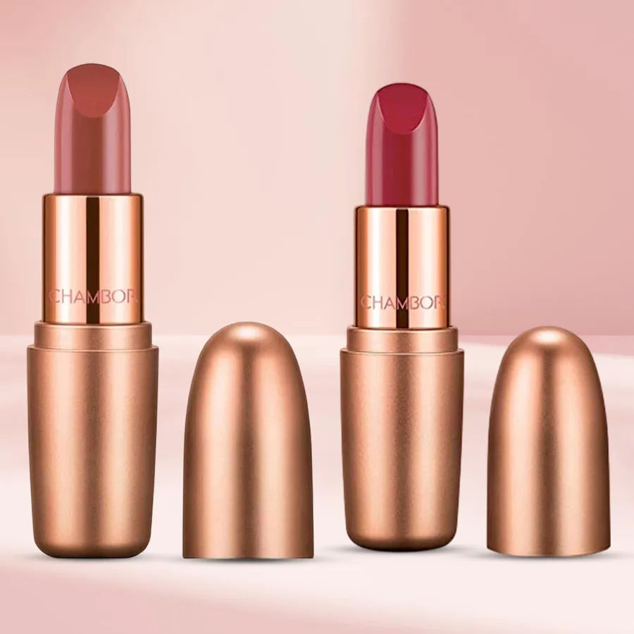 Luxurious Chambor Lipstick Duo featuring Nutty Caramel and Dusty Rose shades in a stylish packaging. Perfect for gifting and enhancing beauty.