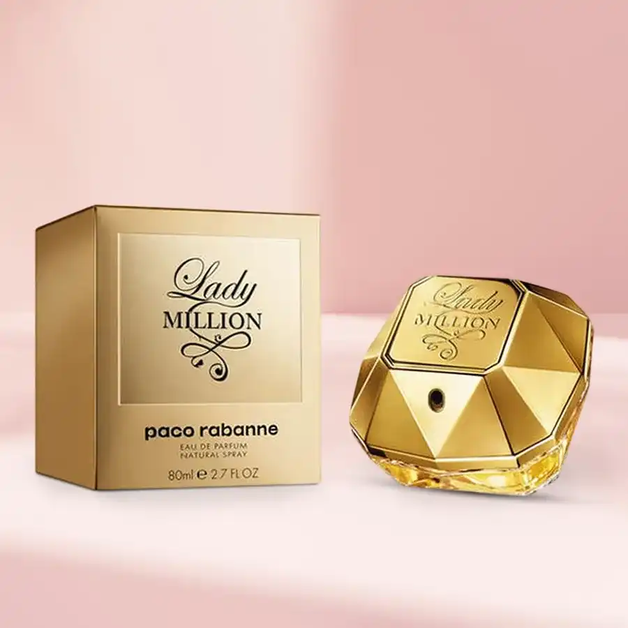 Luxurious Paco Rabanne Lady Million Eau de Parfum gift set, featuring floral and woody notes in a stylish 80 ml bottle.