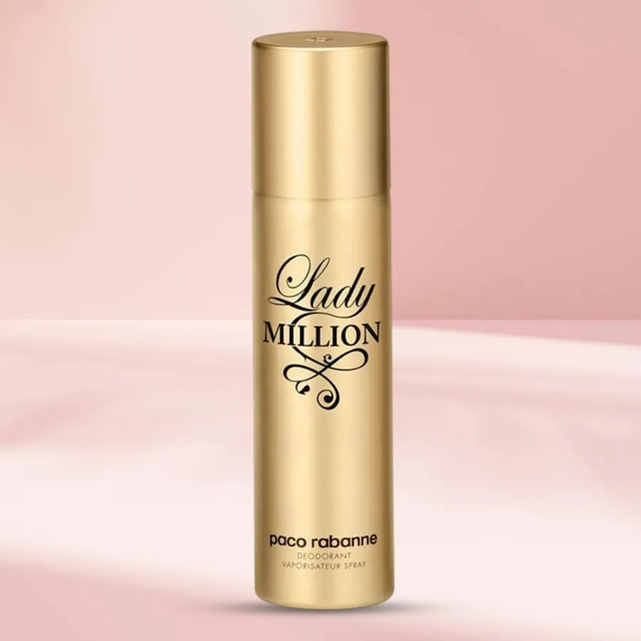Luxurious Paco Rabanne Lady Million Deodorant Spray in a golden diamond-shaped bottle.