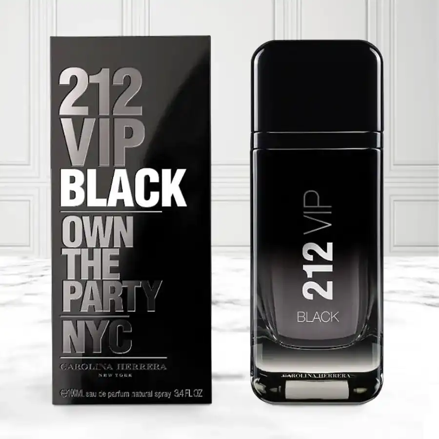Carolina Herrera 212 VIP Black Eau de Perfume for Him in elegant bottle, celebrating joyful moments with a sophisticated fragrance.