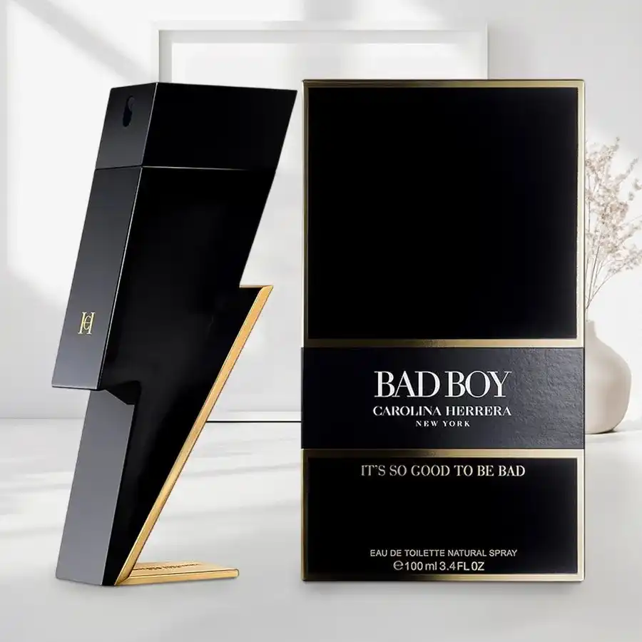 Carolina Herrera Bad Boy Eau De Toilette Gift Set for Him, featuring a 100ml bottle with notes of black pepper, cedar wood, and tonka beans.