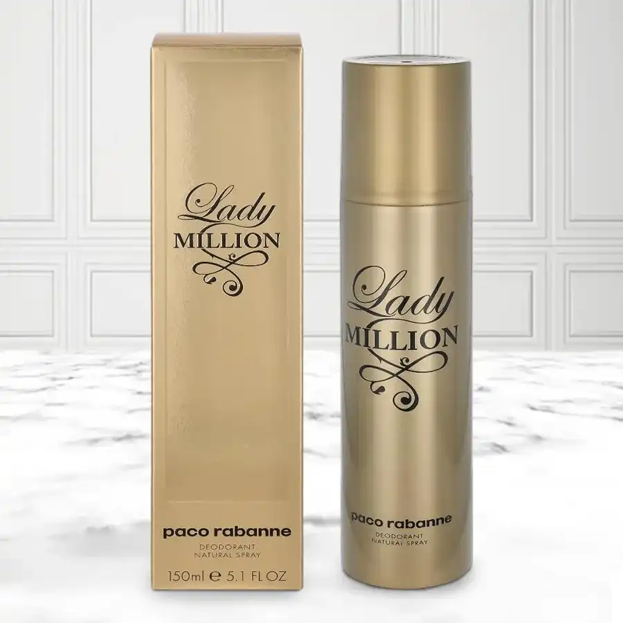 Charming Paco Rabanne Million Deodorant Spray for Ladies, 150 ml, vibrant and sensual fragrance, perfect gift for expressing affection.
