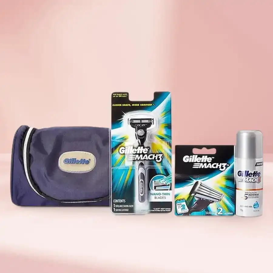 Gillette Mach3 Men's Travel Pack featuring razor, cartridges, shaving gel, and gift bag. Perfect grooming set for men on-the-go.
