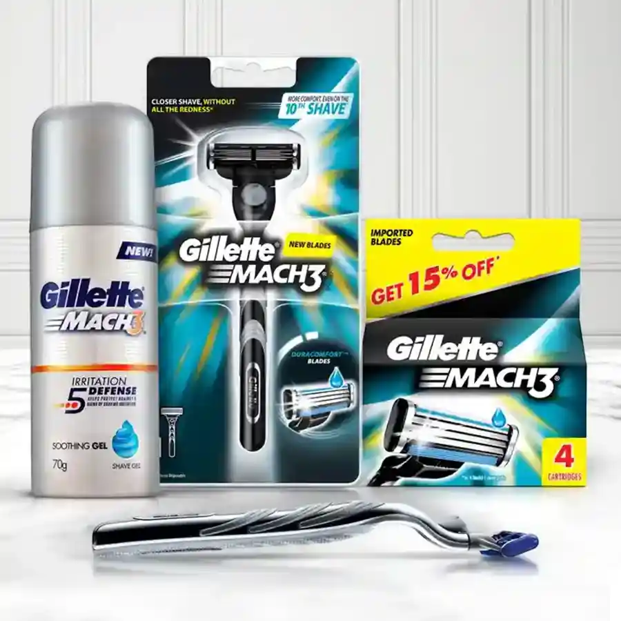 Gillette Mach3 Men's Shaving Kit including a razor, cartridges, and gel for a smooth shaving experience.