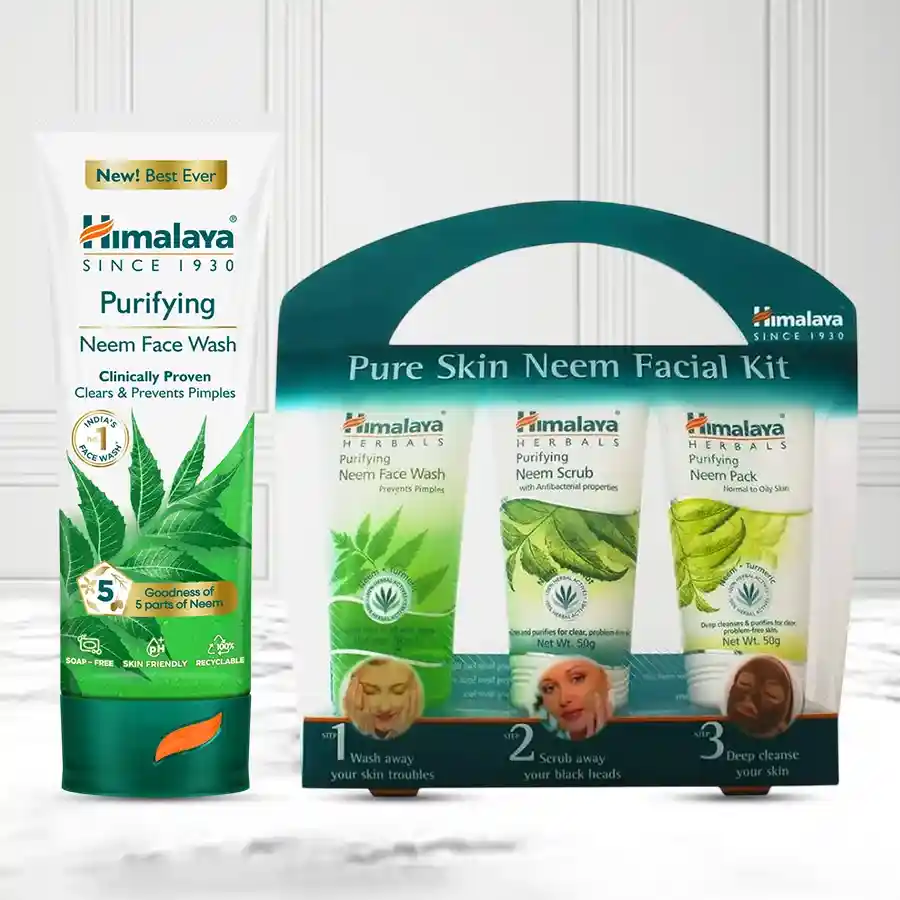 Neem Glow Facial Kit from Himalaya with face wash, scrub, and pack for radiant skin.