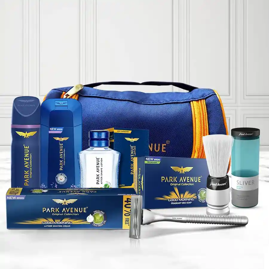 Ultimate Grooming Kit for Dad featuring Park Avenue grooming essentials including body spray, after shave lotion, and a travel pouch.