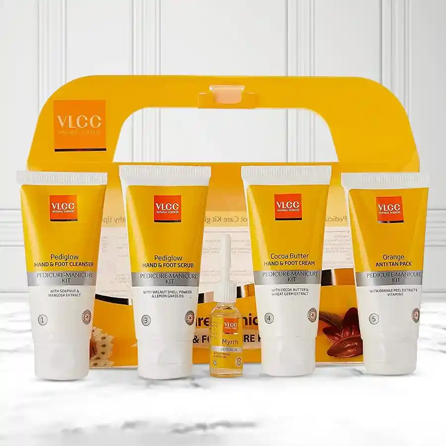 VLCC Pedicure and Manicure Kit showcasing rich beauty products for pampering hands and feet.