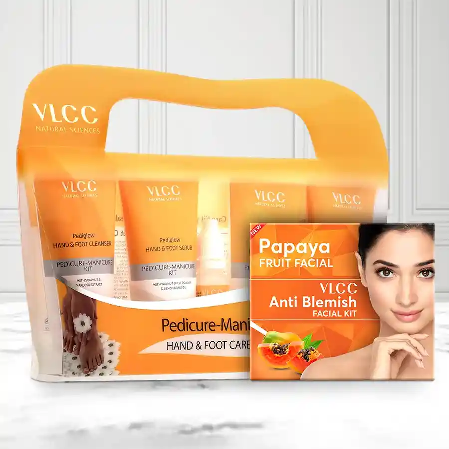 VLCC Beautiful Look Pedicure and Manicure Kit with Papaya Facial Kit, featuring hand and foot cream, scrub, cleanser, and anti-tan pack.
